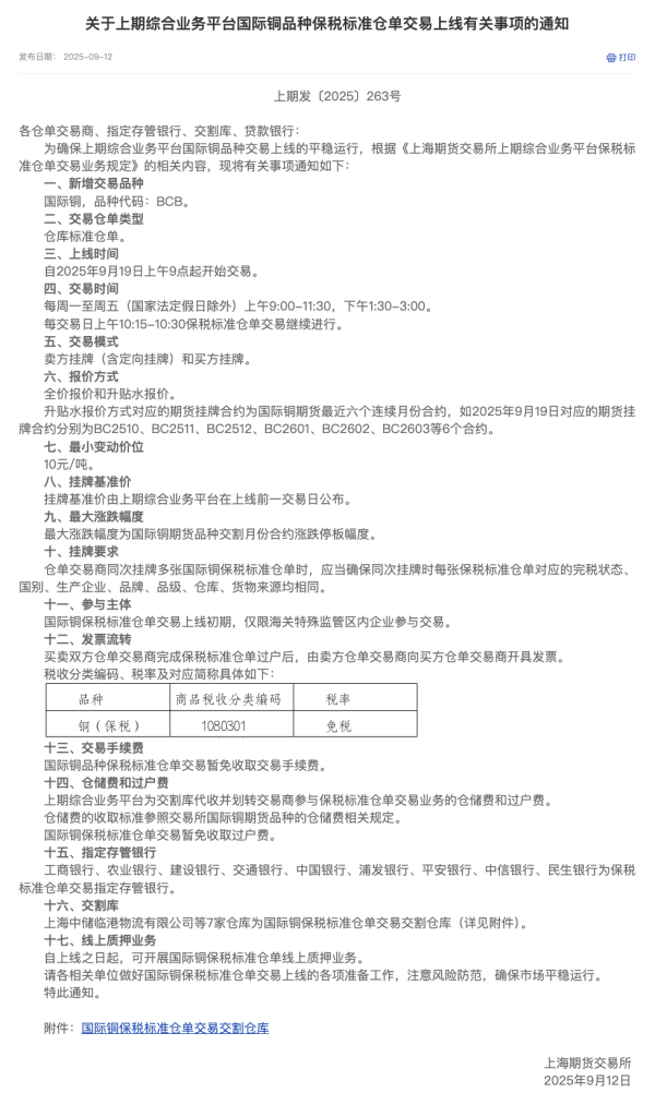 宝尚配资 上期所：将于9月19日上线国际铜品种保税标准仓单交易